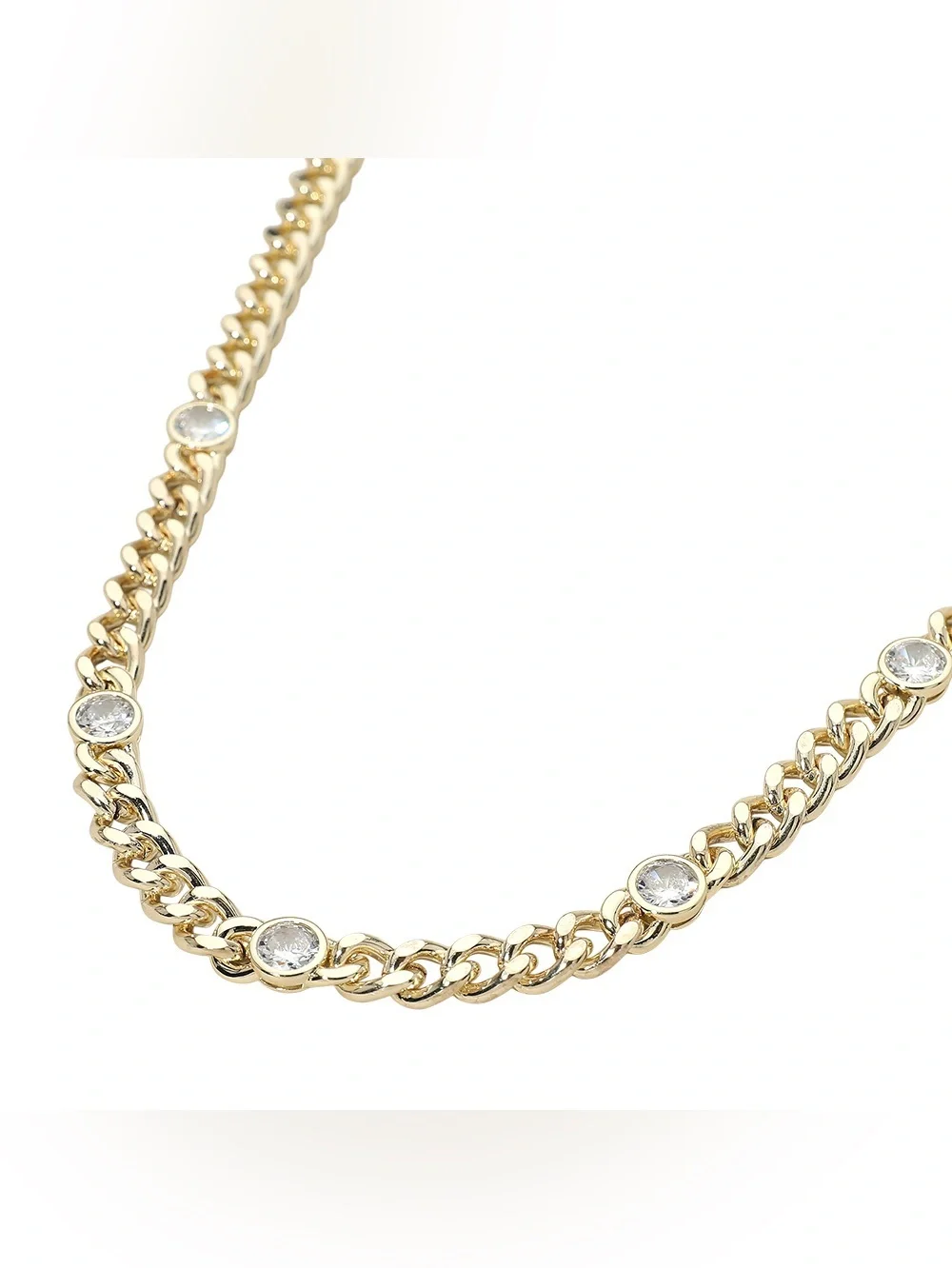 14K Gold Plated Round CZ Bezel Station Chunky Curb Chain Necklace